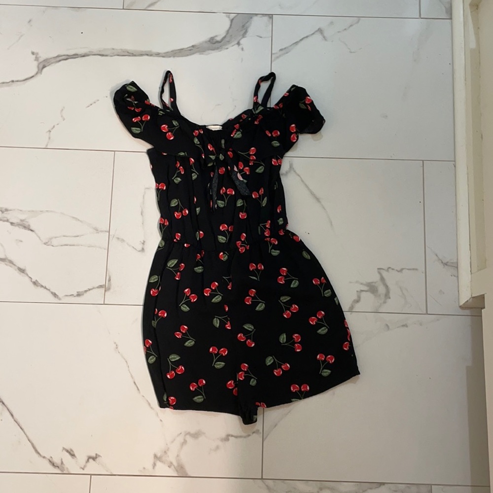 Cherry off the shoulder with strap romper